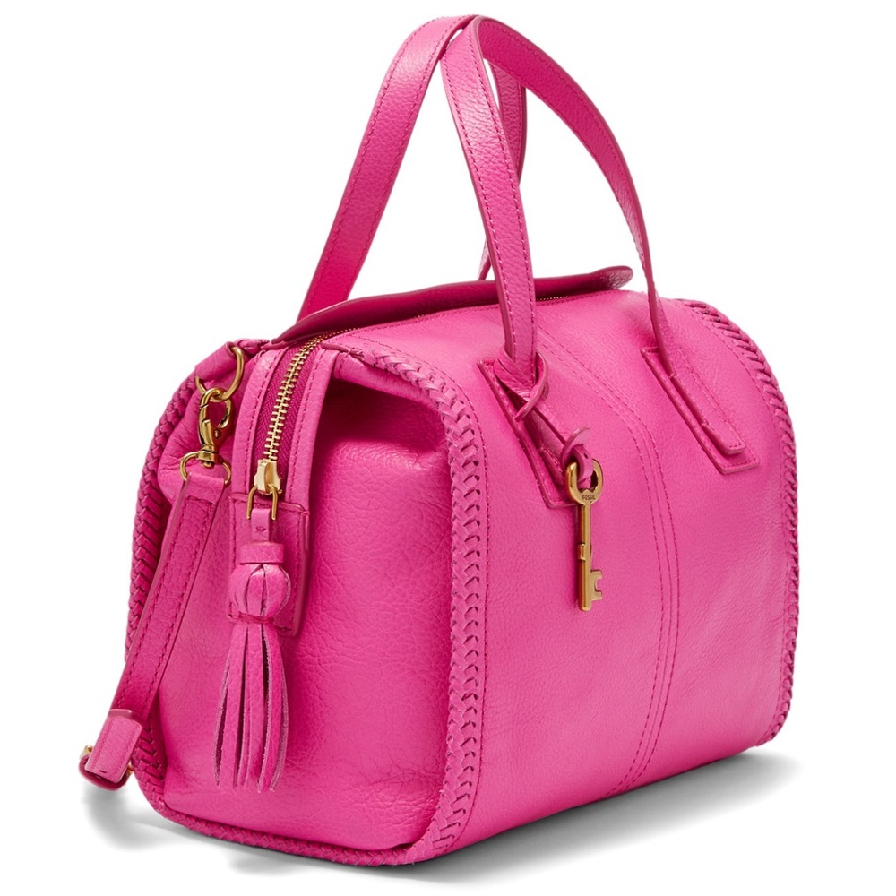 FOSSIL Emma Satchel Whipstitch Leather Tassel Crossbody Bag Purse Barbie Pink EC
